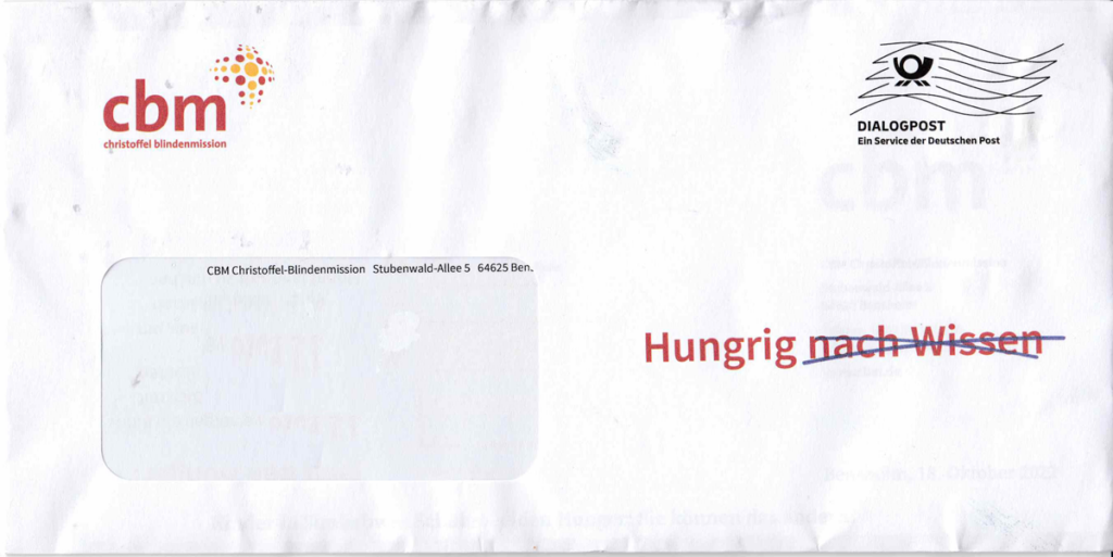Briefumschlag der Christoffel Blinden Mission: Hungrig - gefolgt von einem durchgestrichenen "nach Wissen".