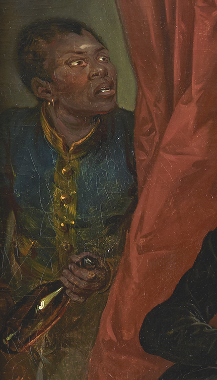 Detail eines Bildes aus dem Jahr 1836 zum Thema Reicher Prasser - Armer Lazarus, bei dem im Hintergrund ein sog. Kammermohr platziert wurde.